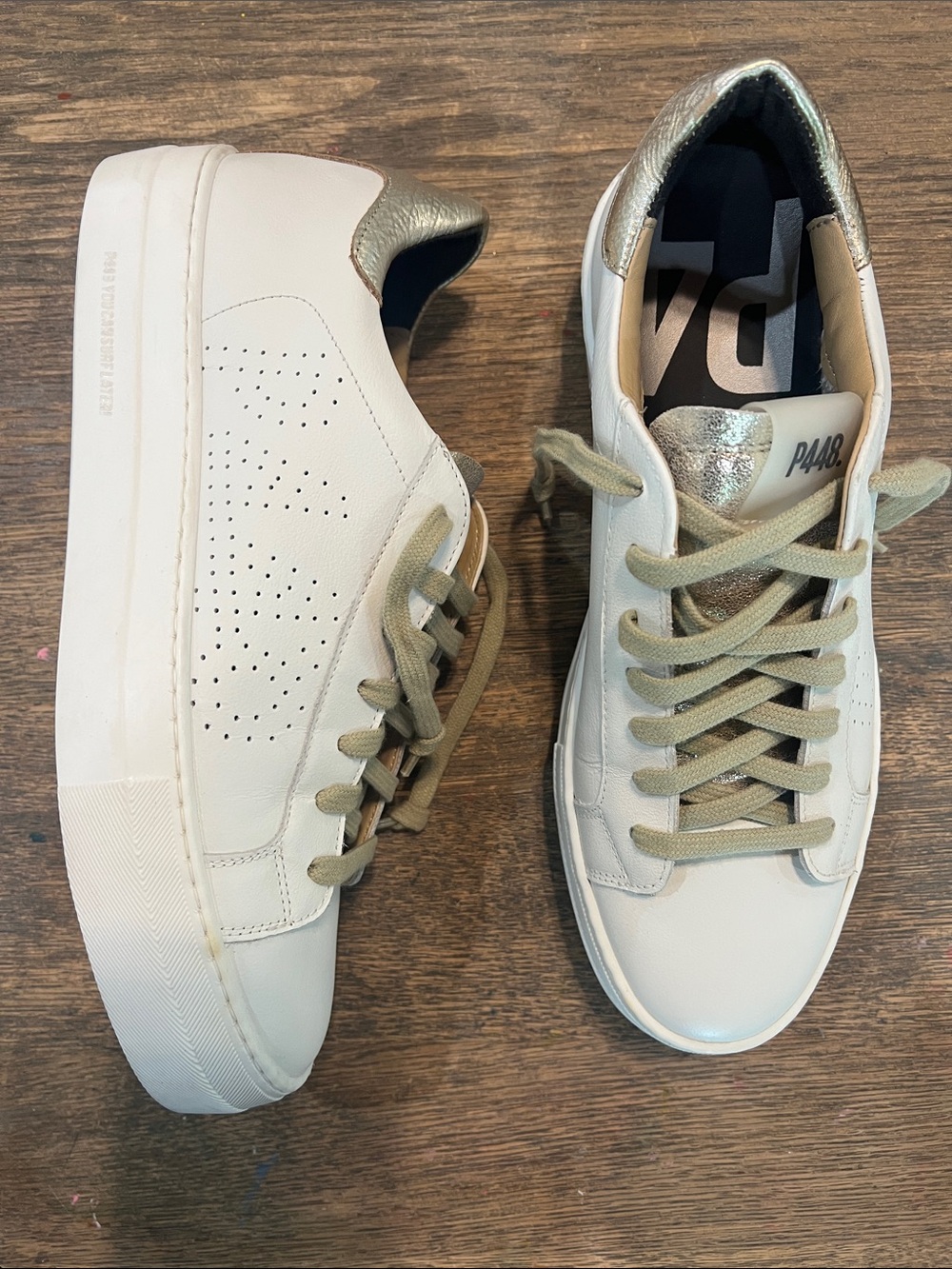 P448 White  Leather Sneakers with Metallic Gold Heel Never Worn Sz 10